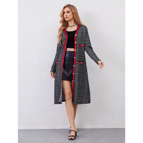 Women’s Long Cardigans Tweed Lightweight Midi Sweater Coat Black White Plaid - Picture 2 of 6